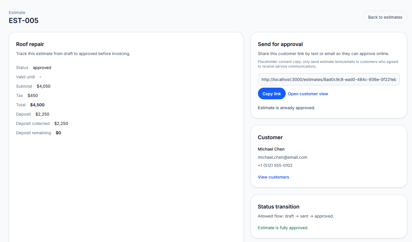 Estimate management view with quote totals, status, and approval workflow for customer sign-off.