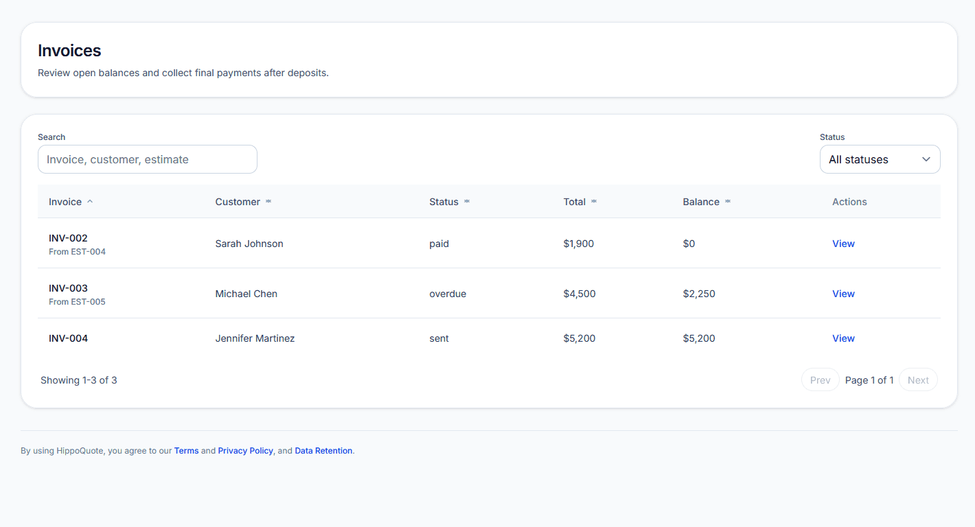Invoice and payment tracking dashboard showing invoice status, balance due, and Stripe payment progress.